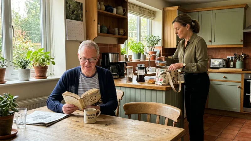 A retired husband sitting at a kitchen table while his working wife packs her bag for work in the background of their sunlit home.
