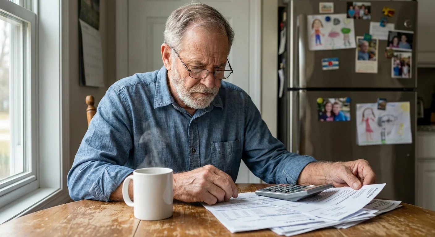 A retired man sits at his kitchen table, thoughtfully reviewing utility bills and expenses with a calculator.