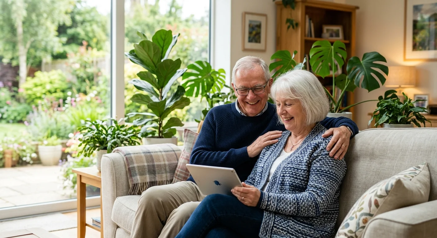 A senior couple sitting on a cozy sofa looking at a tablet together, smiling and feeling secure in their home.