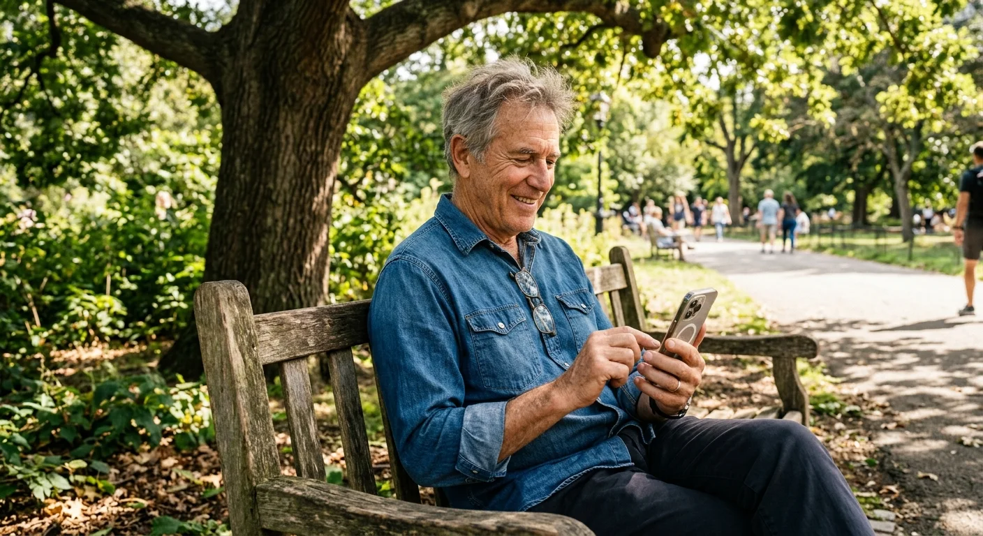 A senior man sitting on a park bench looks happily at his smartphone screen under dappled sunlight.
