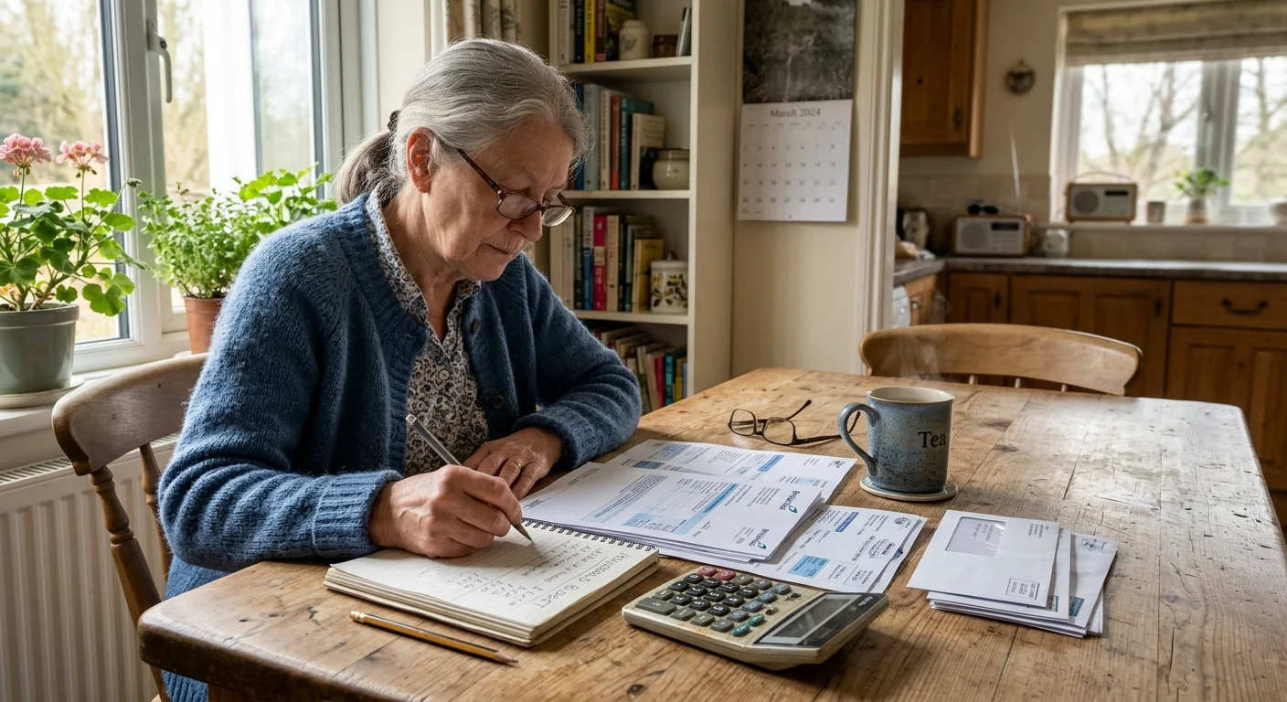 A senior woman sitting at a sunlit kitchen table thoughtfully organizing her bills and financial notebook.