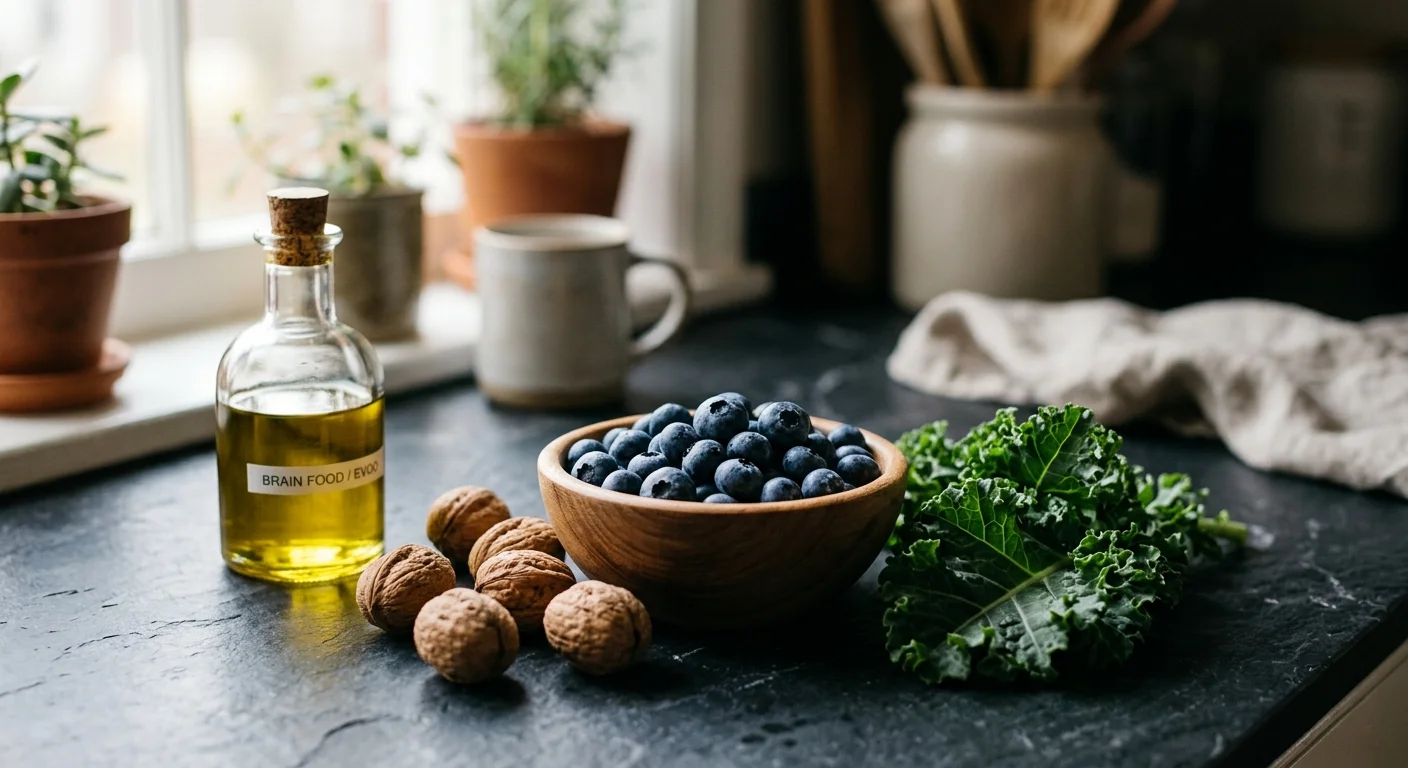 A still life photo of Mediterranean diet staples including blueberries, walnuts, kale, and olive oil on a slate kitchen counter.