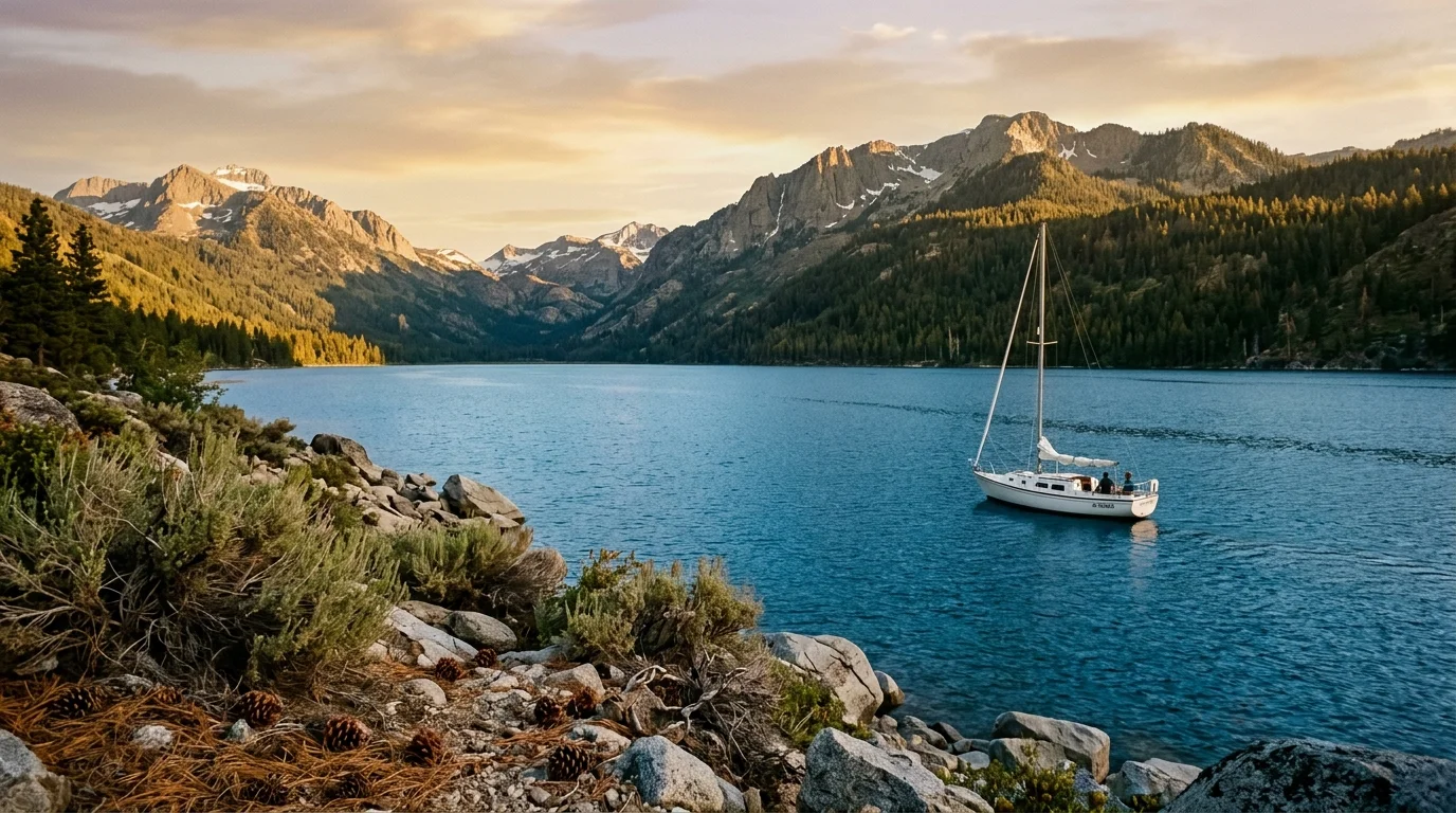A stunning western mountain lake surrounded by pine forests and rugged peaks, with a sailboat drifting at sunset.