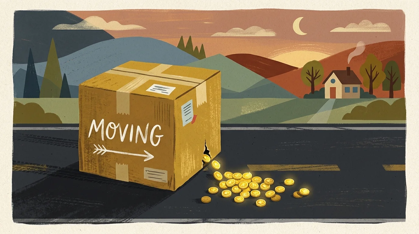 A stylized gouache illustration of a moving box with a small tear letting gold coins slip out onto the road.
