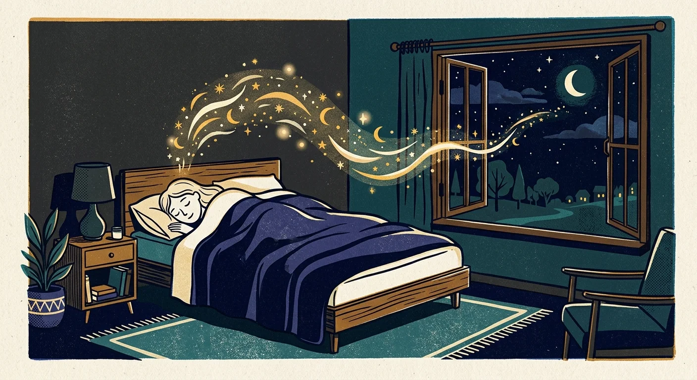 A stylized mid-century modern screenprint of a peaceful night bedroom scene, with golden stars floating from a sleeping figure.