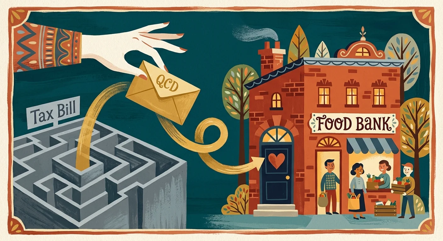 A stylized warm illustration showing an envelope labeled QCD bypassing a tax maze to land in a charity donation box.