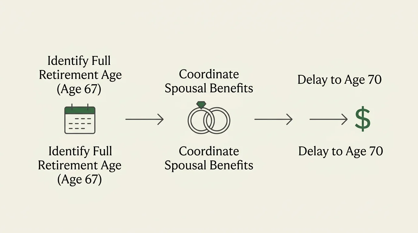 A three-step horizontal infographic showing how to maximize Social Security payouts from Age 67 to Age 70.