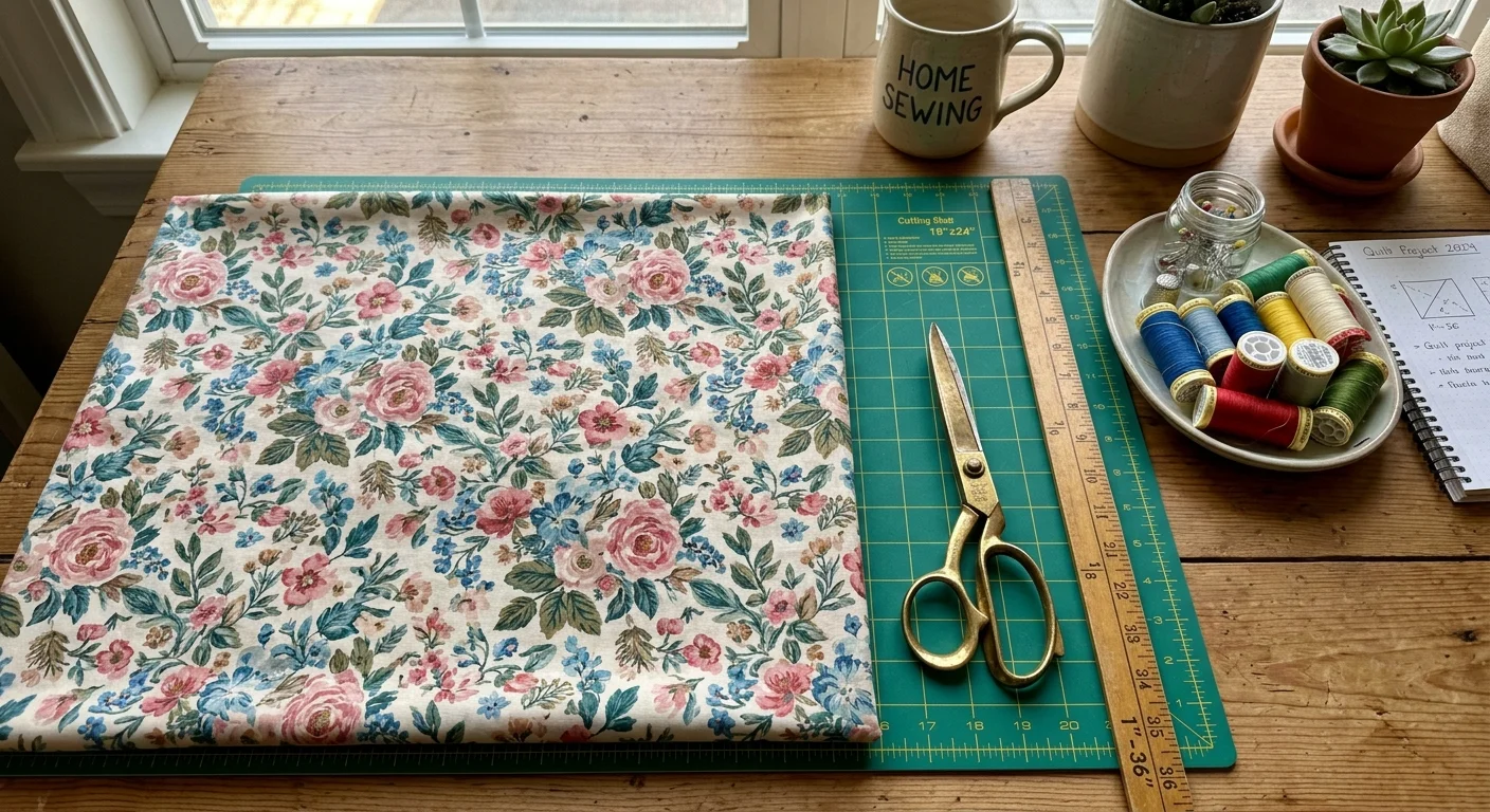 A top-down photo of a sewing workspace with floral fabric, brass shears, thread, and a wooden ruler in warm morning light.