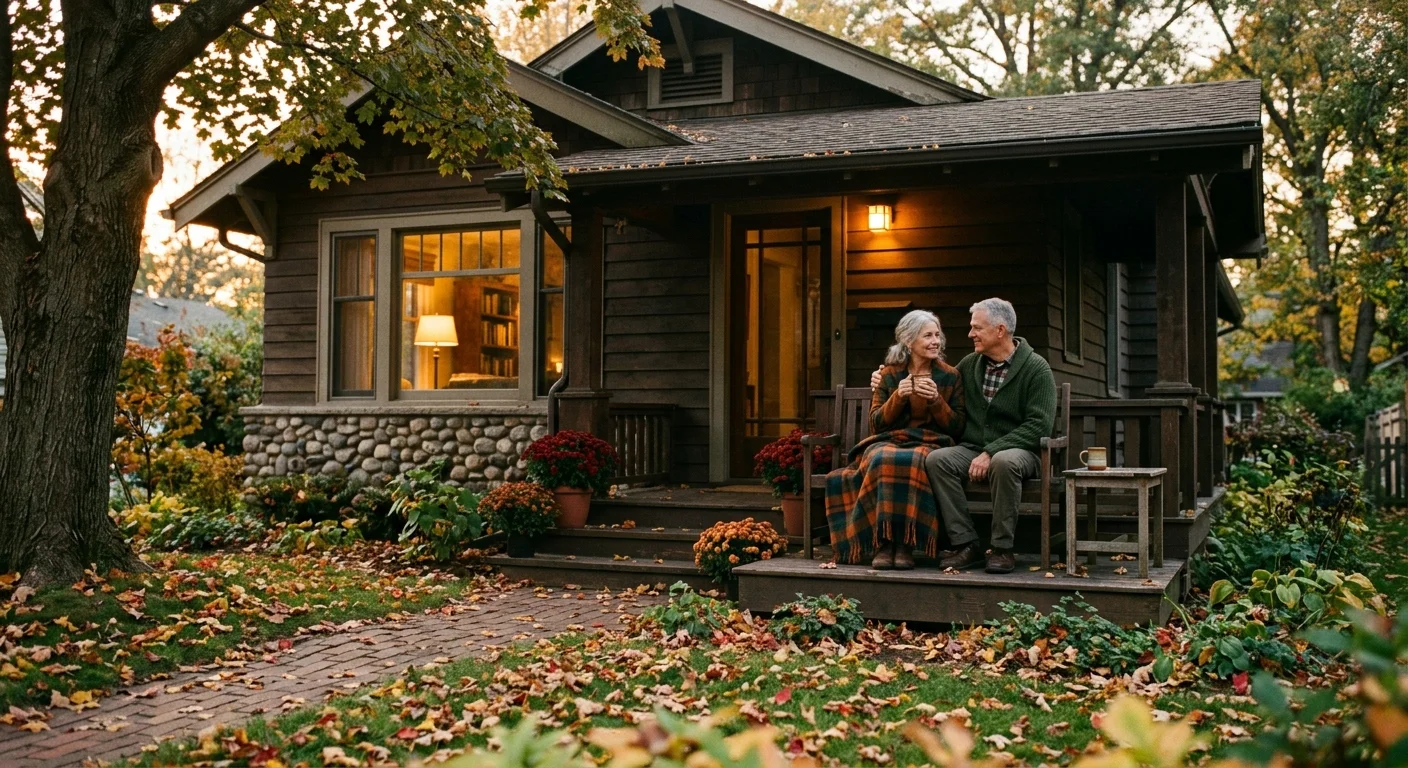 A warm 35mm film photograph of an older couple relaxing on the porch of their cozy craftsman home during autumn golden hour.