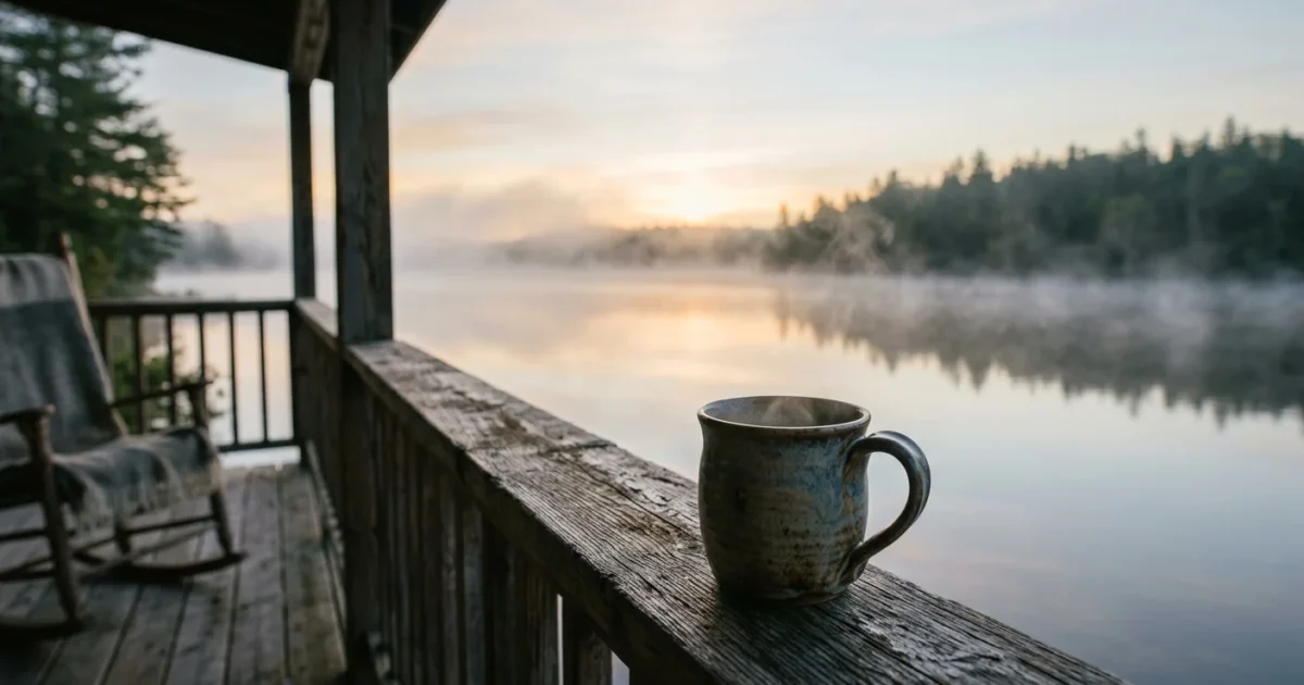 A warm ceramic mug on a rustic wooden porch railing overlooks a peaceful, misty lake at sunrise.