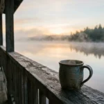 A warm ceramic mug on a rustic wooden porch railing overlooks a peaceful, misty lake at sunrise.