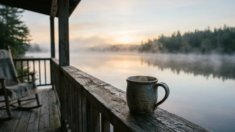 A warm ceramic mug on a rustic wooden porch railing overlooks a peaceful, misty lake at sunrise.