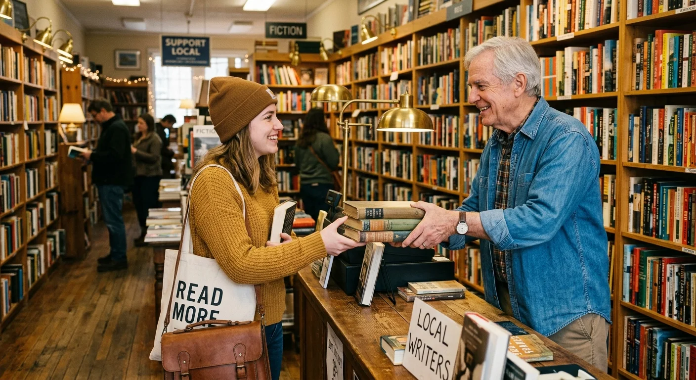 A warm, film-style photograph of a silver-haired retiree working in a bookstore, smiling while handing books to a customer.