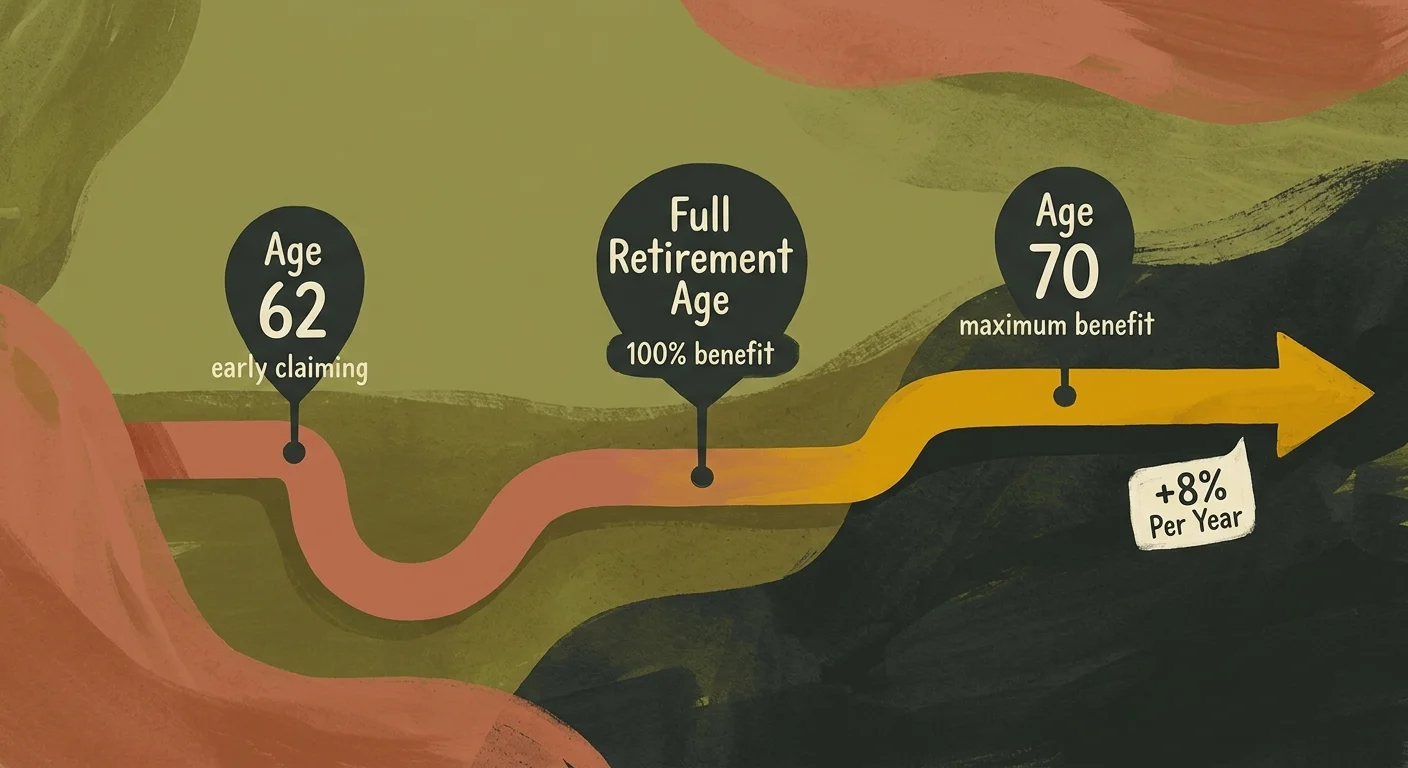 A warm gouache illustration of a horizontal pathway representing retirement claiming ages from 62 to 70.