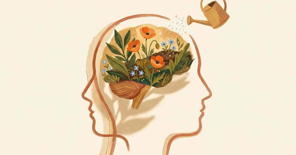 A warm gouache illustration of a human profile filled with a lush, blooming garden, symbolizing brain health and cognitive reserve.