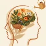 A warm gouache illustration of a human profile filled with a lush, blooming garden, symbolizing brain health and cognitive reserve.