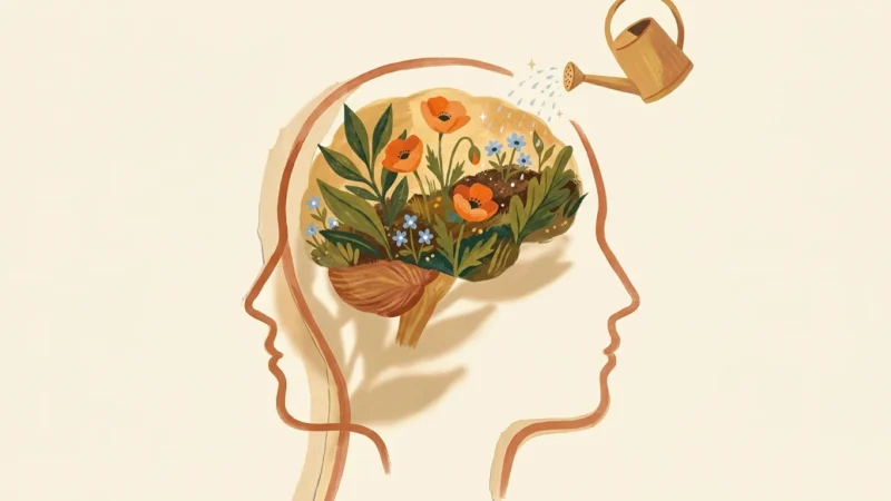 A warm gouache illustration of a human profile filled with a lush, blooming garden, symbolizing brain health and cognitive reserve.