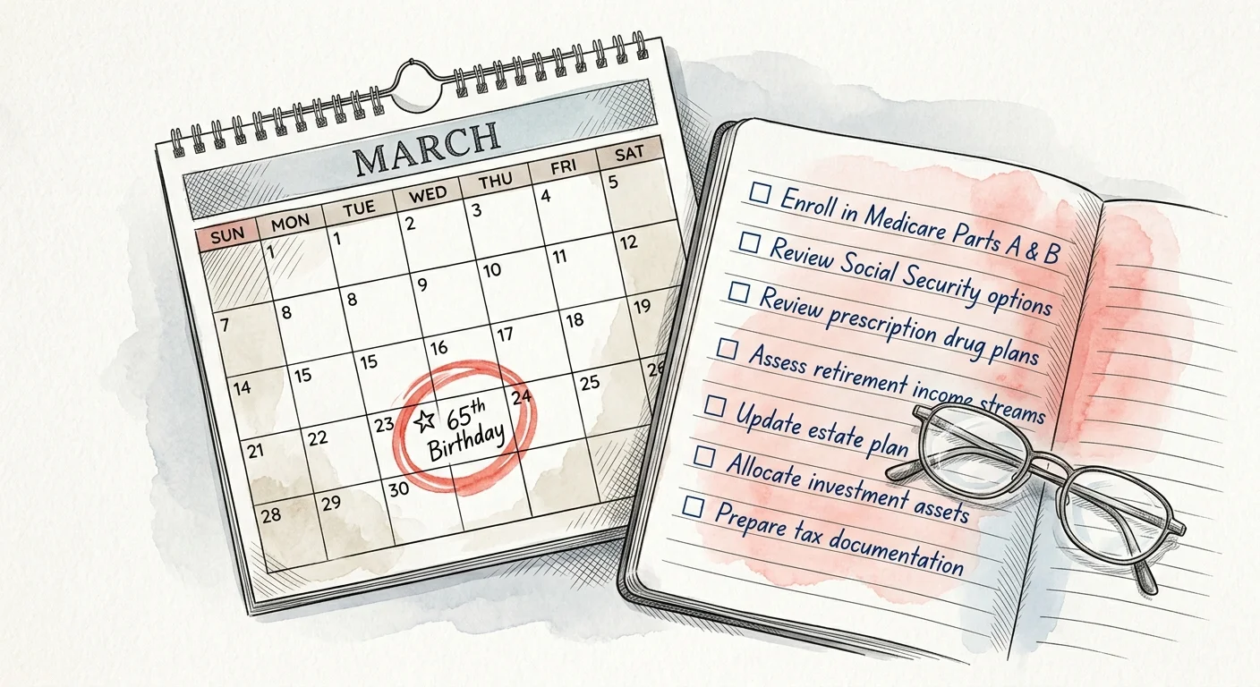 A watercolor and ink illustration of a calendar with a circled 65th birthday next to a checklist, representing critical deadlines.