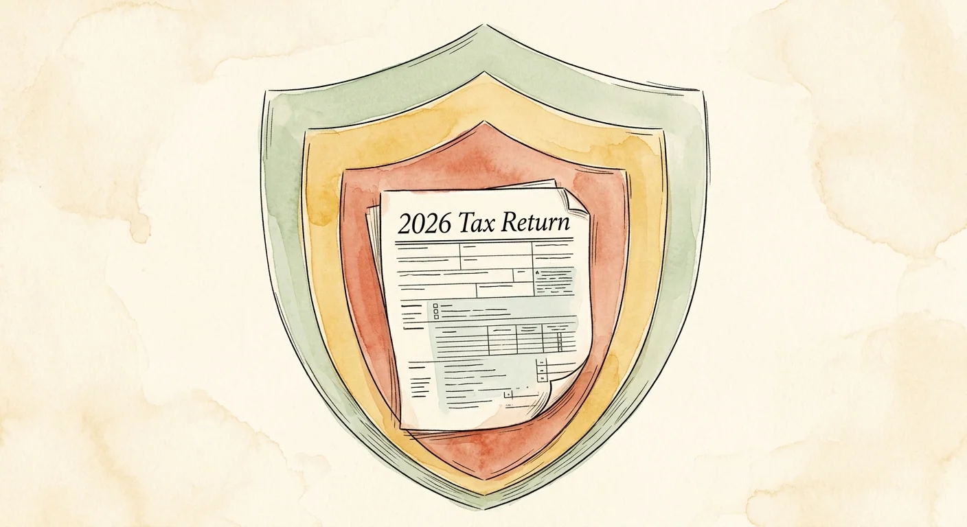 A watercolor illustration of a 2026 tax document protected by three colorful, translucent layered shields.