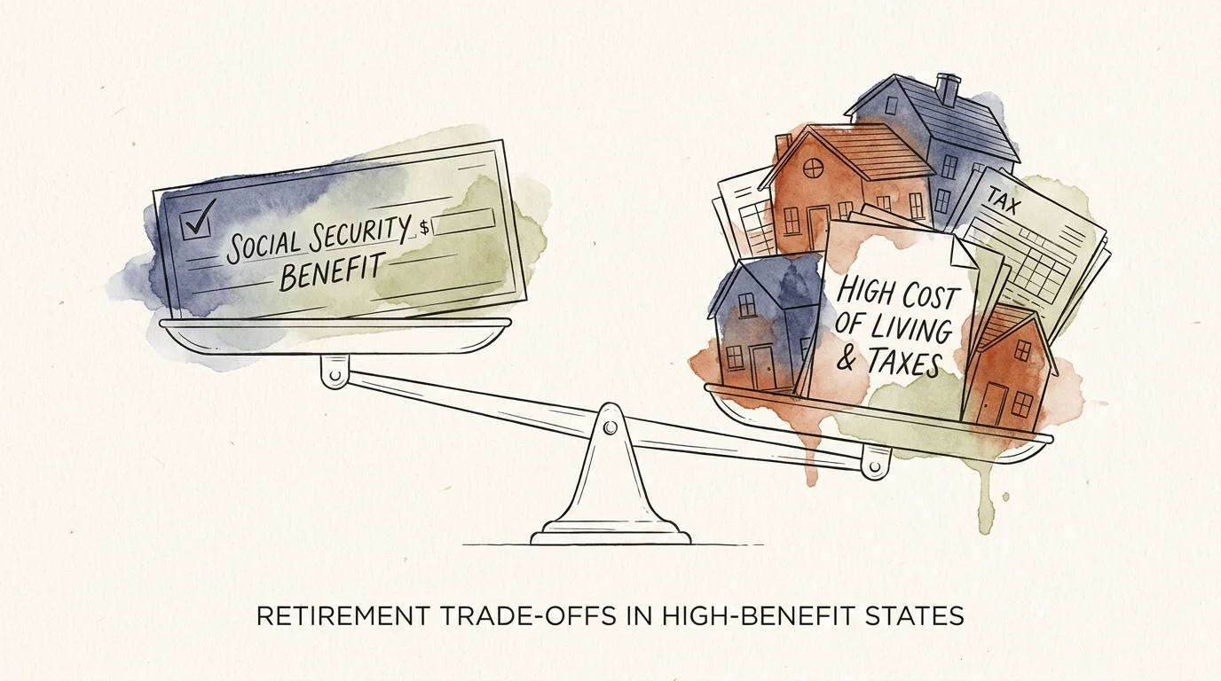 A watercolor illustration of a scale balancing a large Social Security check against the heavier weight of housing costs and taxes.