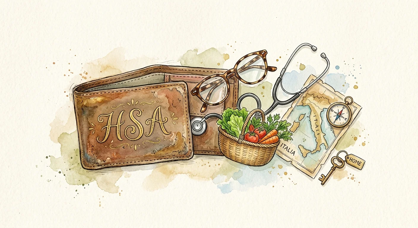A watercolor illustration of an HSA wallet with diverse items like glasses, a map, and fresh food spilling out, symbolizing versatile use.
