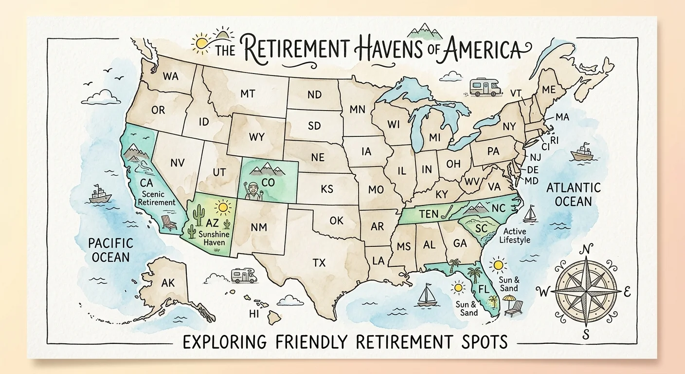 A whimsical watercolor map of the United States with tax-friendly retirement states highlighted in calm green and blue washes.