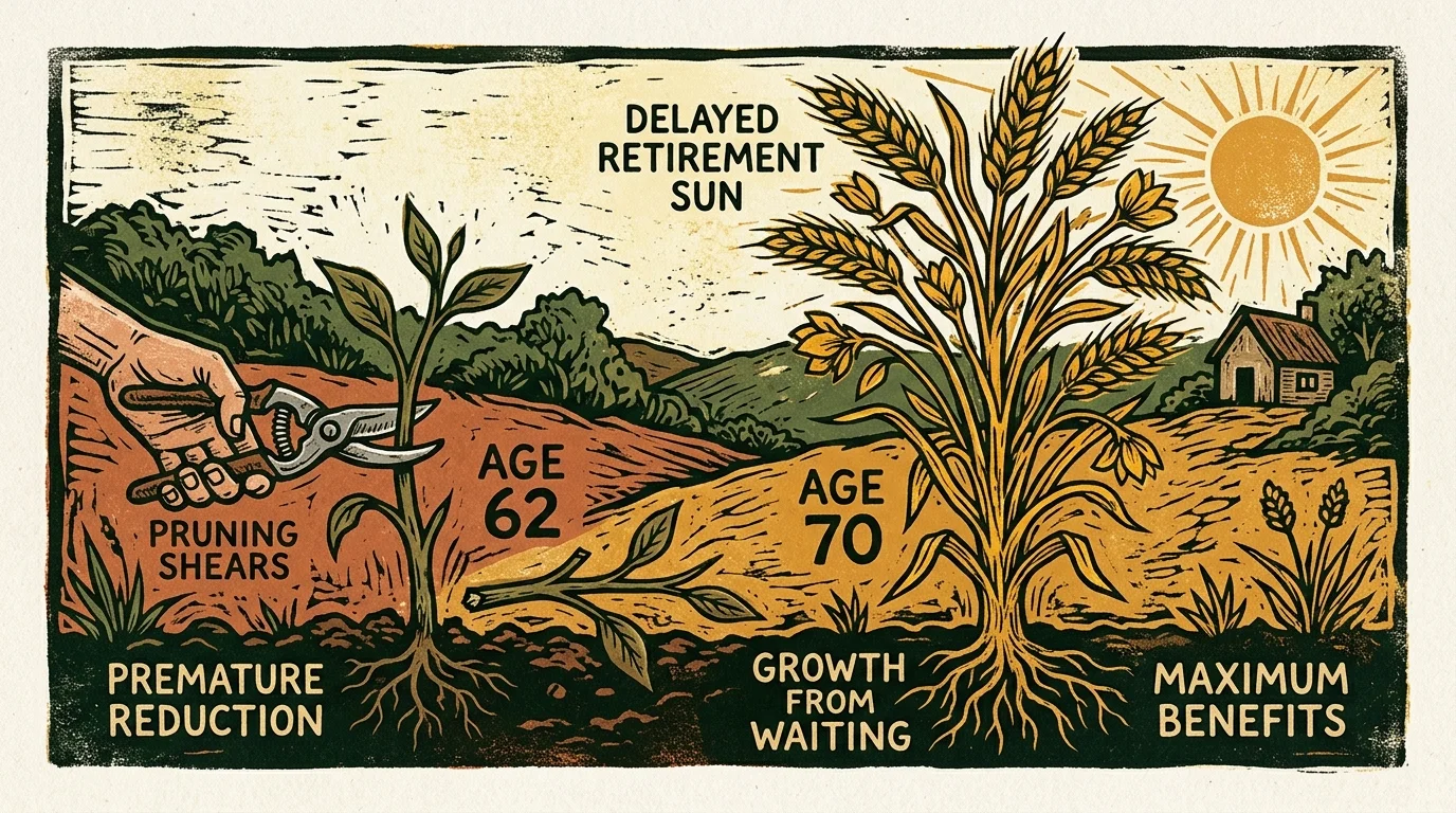 A woodcut illustration comparing a small pruned sprout labeled Age 62 with a fully grown golden stalk labeled Age 70.