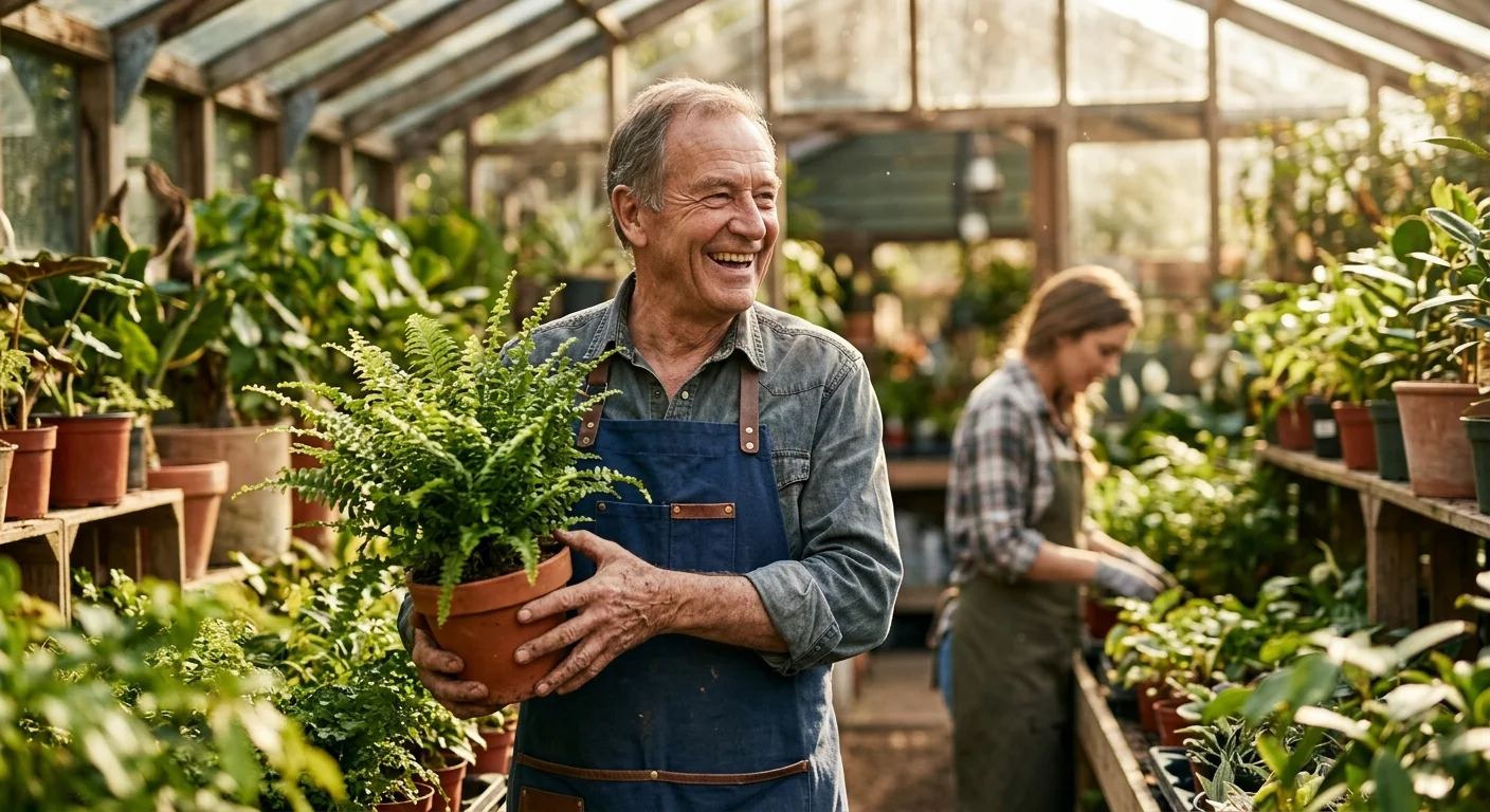 An active man in his 70s working happily in a sunlit greenhouse, symbolizing working past retirement age.