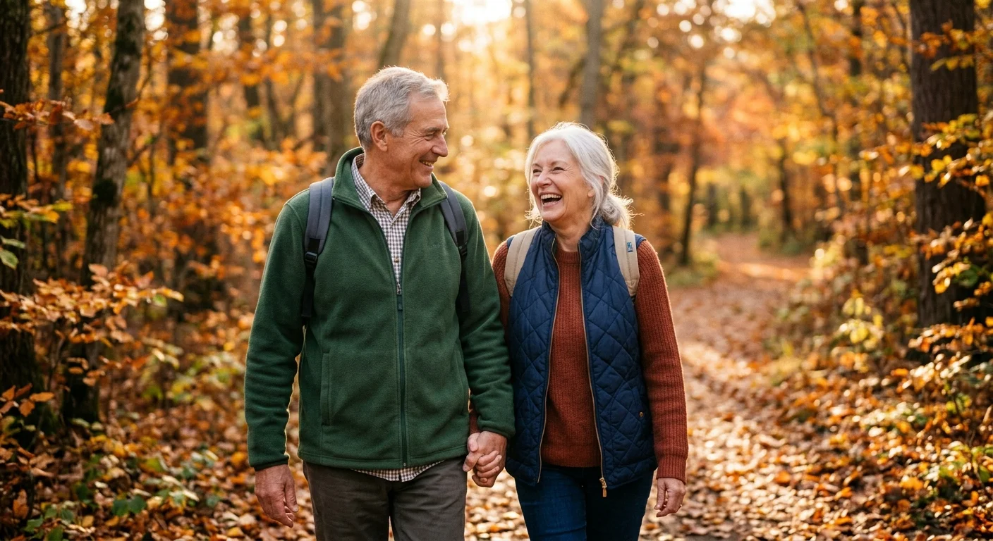 An active older couple walking and laughing on an autumn trail, representing health and financial security.