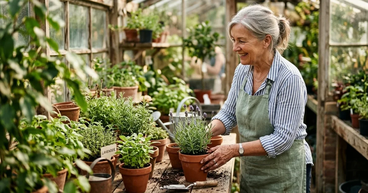 An active older woman happily arranging potted herbs in a sunlit greenhouse, representing fulfilling retirement work.