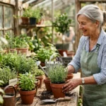 An active older woman happily arranging potted herbs in a sunlit greenhouse, representing fulfilling retirement work.