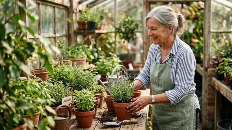 An active older woman happily arranging potted herbs in a sunlit greenhouse, representing fulfilling retirement work.