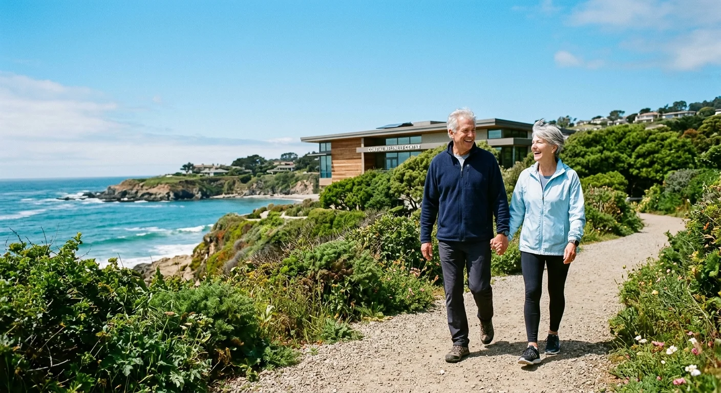 An active senior couple walking along a coastal path near a modern community health center.