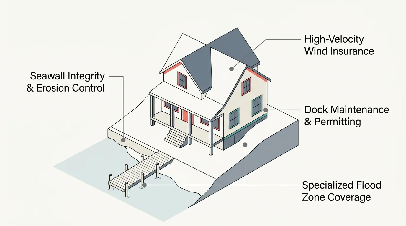 An architectural diagram of a lakeside home highlighting hidden costs like seawall maintenance, dock permits, and specialized insurance.
