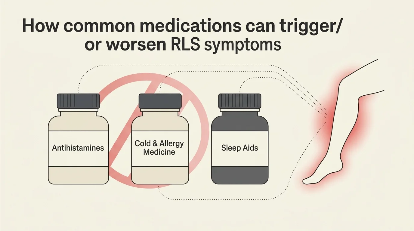 An editorial diagram showing over-the-counter medicine bottles labeled Antihistamines, Cold Meds, and Sleep Aids with a warning symbol.