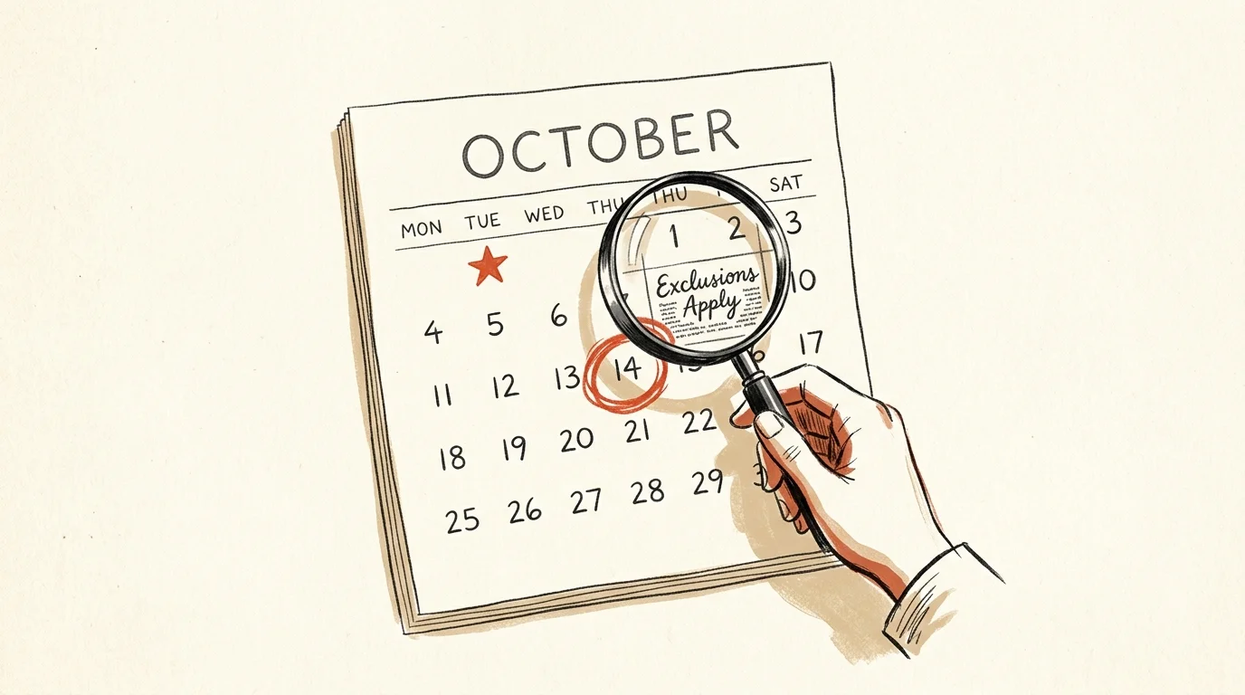 An editorial gouache illustration of a magnifying glass examining a calendar date to reveal fine print reading Exclusions Apply.