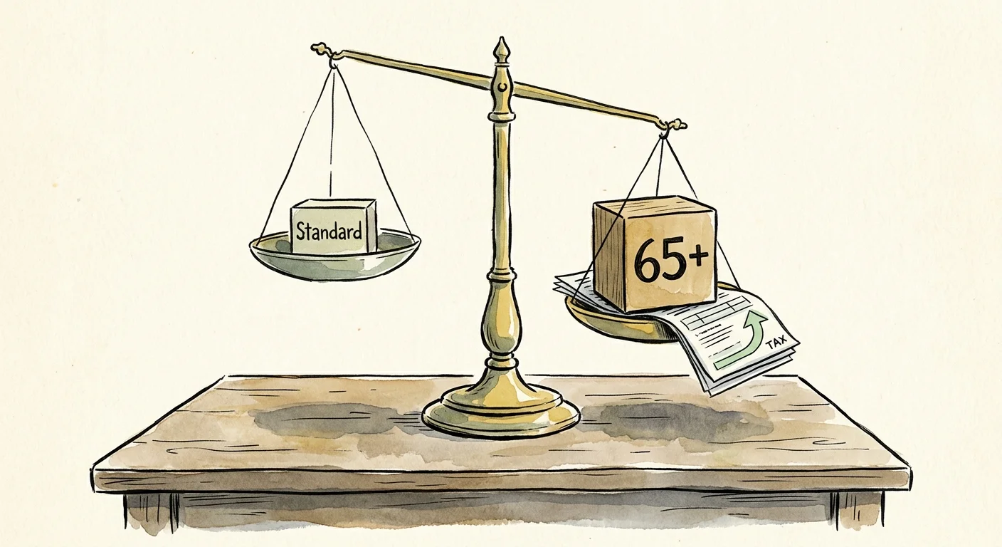 An editorial illustration of a balance scale where a block labeled 65 plus easily outweighs a standard tax block.