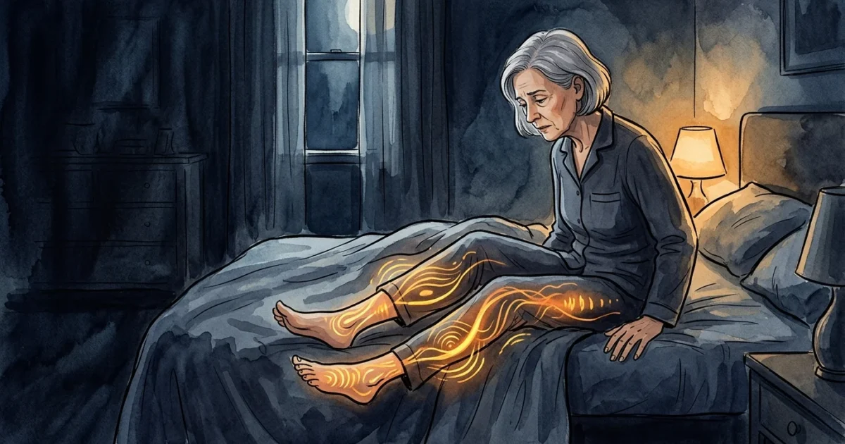 An editorial illustration of an older adult sitting on a bed at night, with glowing amber lines in their legs representing Restless Leg Synd