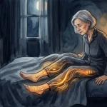 An editorial illustration of an older adult sitting on a bed at night, with glowing amber lines in their legs representing Restless Leg Synd