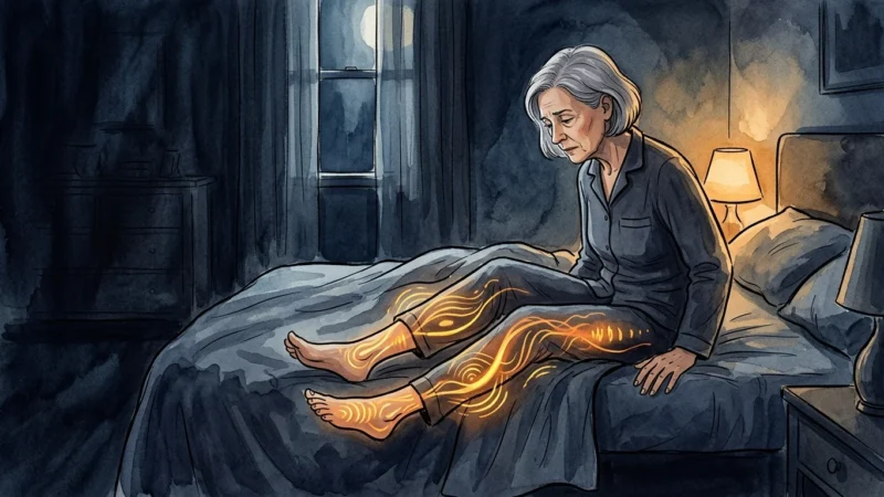 An editorial illustration of an older adult sitting on a bed at night, with glowing amber lines in their legs representing Restless Leg Synd