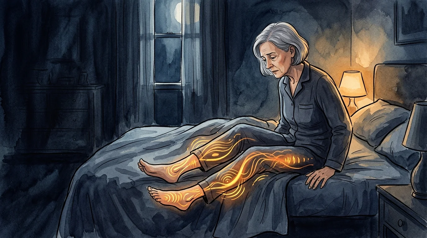 An editorial illustration of an older adult sitting on a bed at night, with glowing amber lines in their legs representing Restless Leg Synd