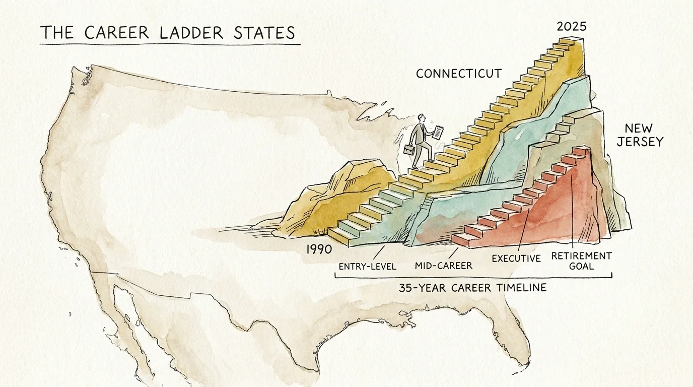 An editorial watercolor illustration showing a person climbing steps made of layered geological strata mapped across US states.