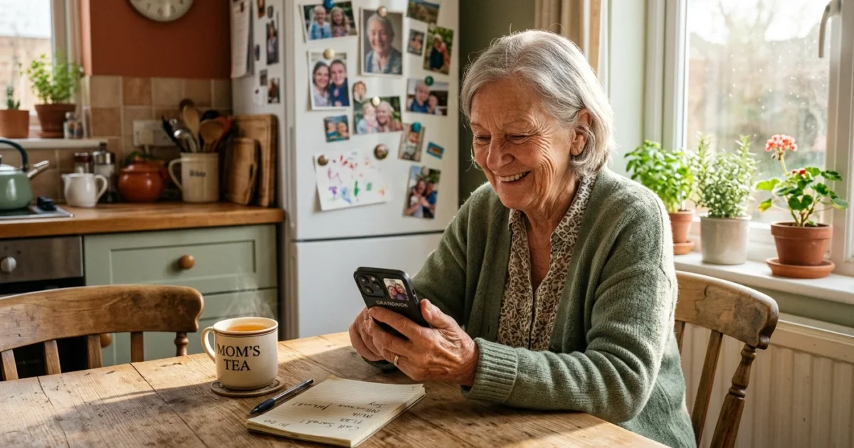 An elderly woman smiling while looking at her smartphone in her sunlit kitchen, conveying a warm and connected retirement lifestyle.