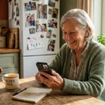 An elderly woman smiling while looking at her smartphone in her sunlit kitchen, conveying a warm and connected retirement lifestyle.