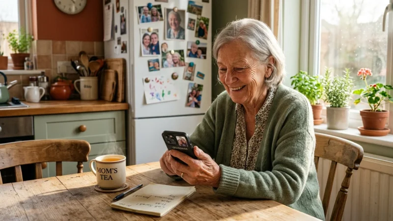 An elderly woman smiling while looking at her smartphone in her sunlit kitchen, conveying a warm and connected retirement lifestyle.