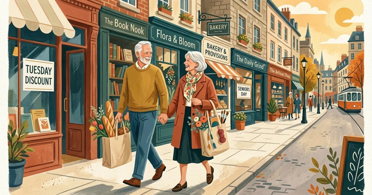 An elegant mid-century modern gouache illustration of an older couple walking down a city street with shopping bags on a discount day.