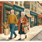 An elegant mid-century modern gouache illustration of an older couple walking down a city street with shopping bags on a discount day.