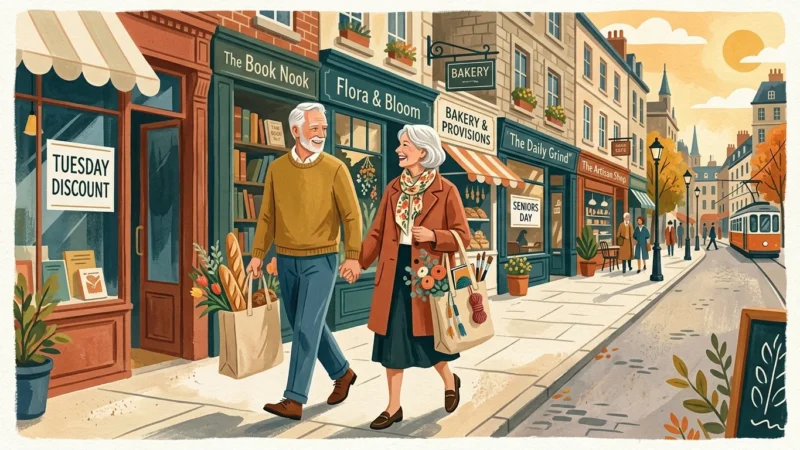 An elegant mid-century modern gouache illustration of an older couple walking down a city street with shopping bags on a discount day.