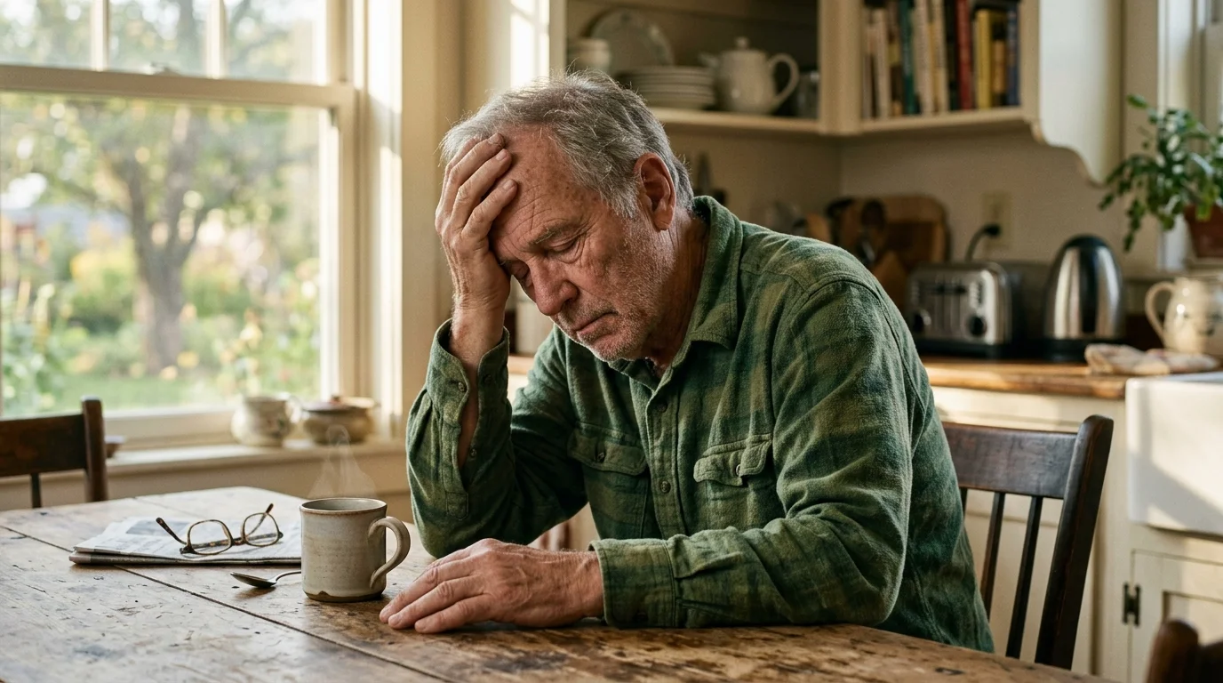 An exhausted senior man resting his head on his hand at a kitchen table, illustrating the daytime fatigue caused by RLS.