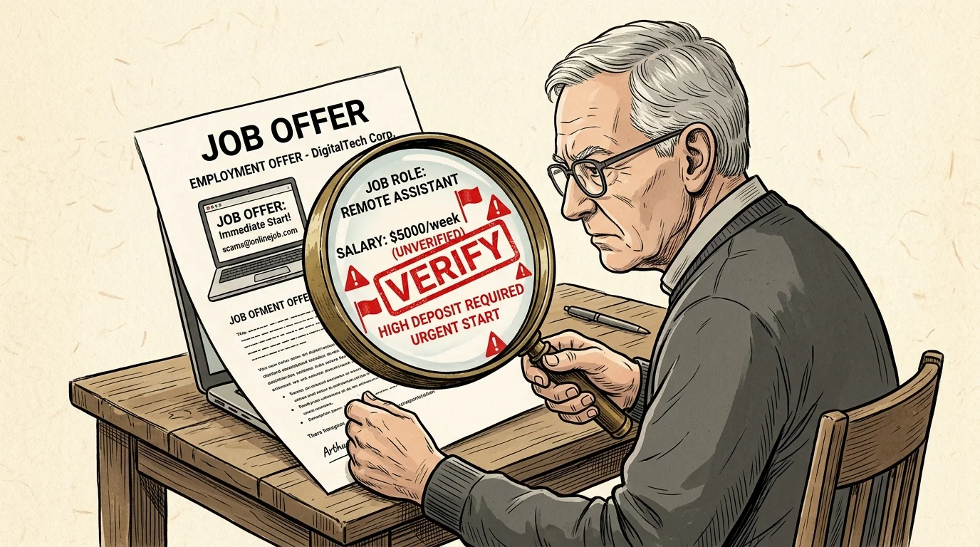 An illustration of a magnifying glass inspecting a job document, revealing hidden red flags and a 'VERIFY' stamp.